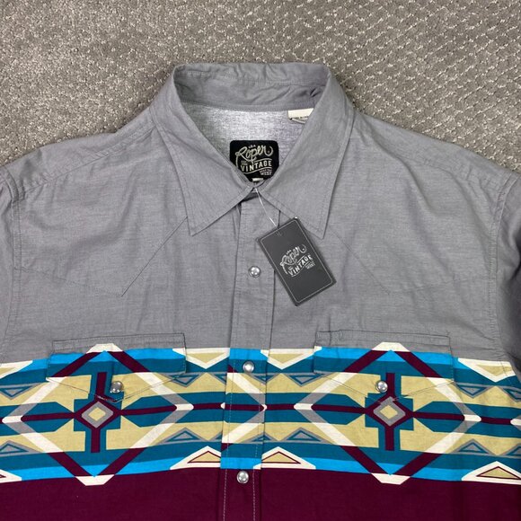 Roper Vintage Wear Shirt Men's Large Gray Burgundy Pearl Snap Wester Aztec NWT - Picture 2 of 13